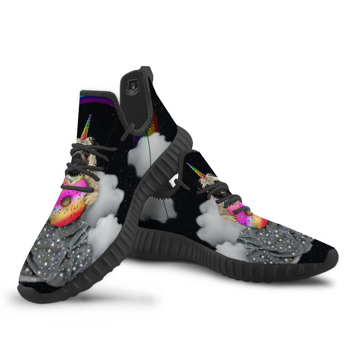 Cute Pug Unicorn Print Black Walking Shoes-grizzshop