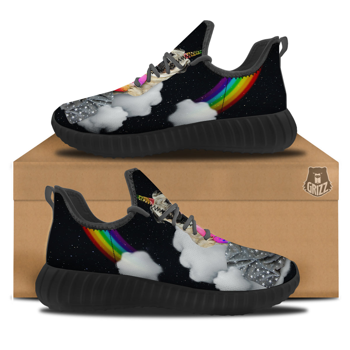 Cute Pug Unicorn Print Black Walking Shoes-grizzshop