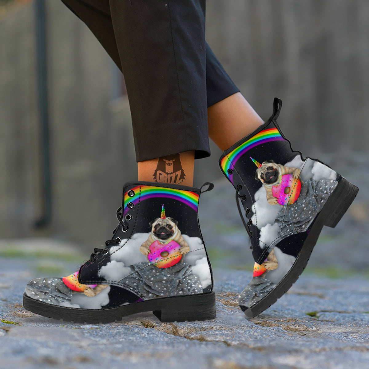 Cute Pug Unicorn Print Leather Boots-grizzshop