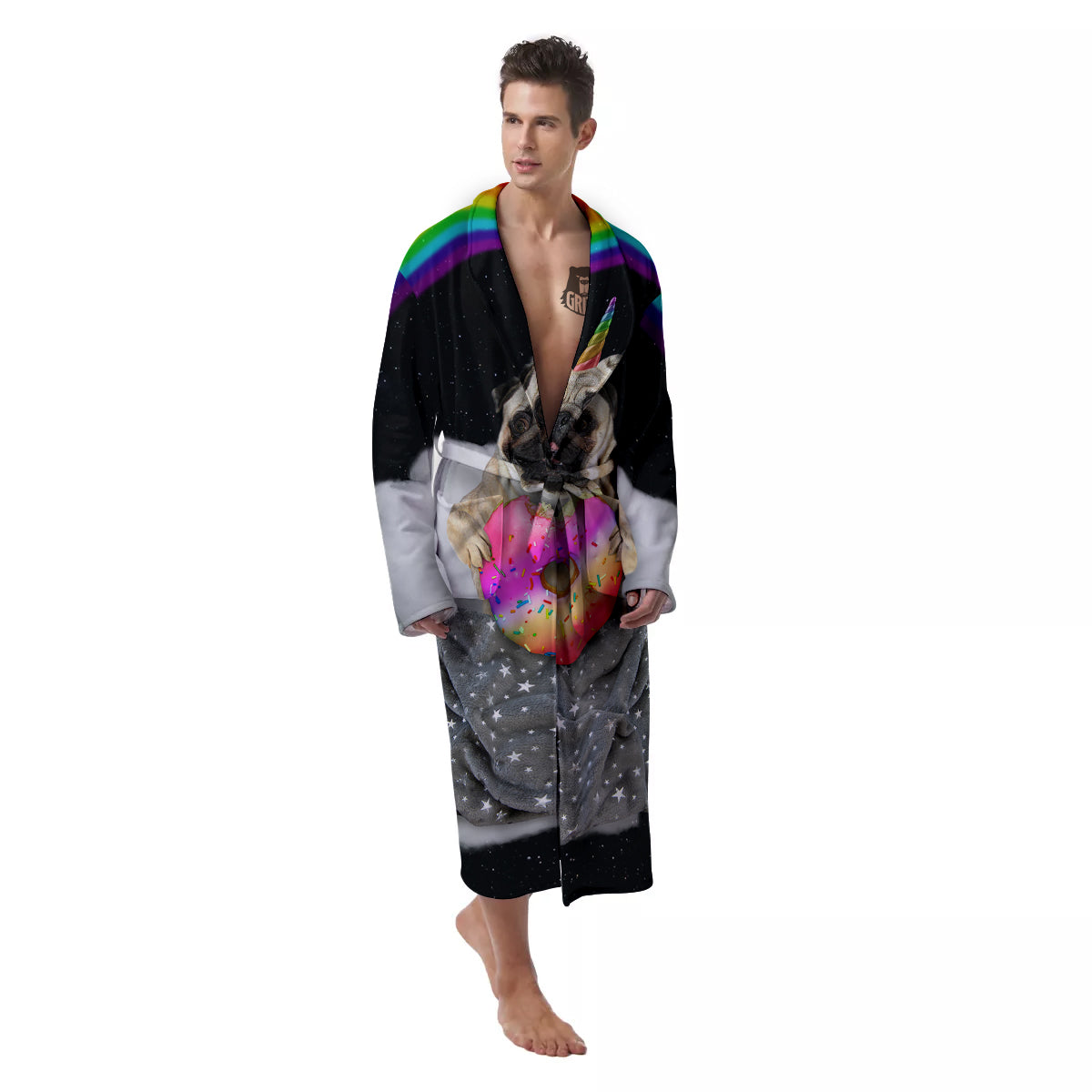 Cute Pug Unicorn Print Men's Robe-grizzshop