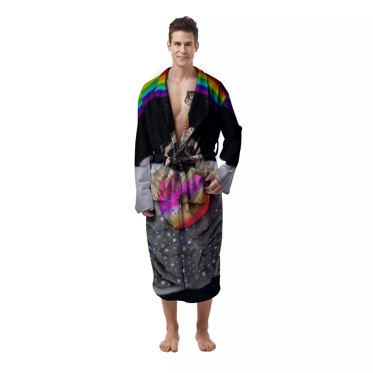 Cute Pug Unicorn Print Men's Robe-grizzshop