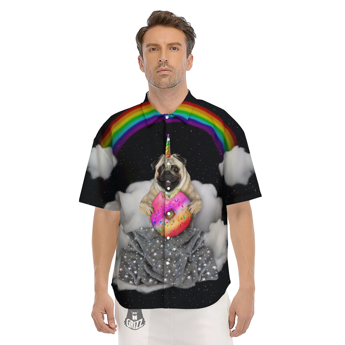 Cute Pug Unicorn Print Men's Short Sleeve Shirts-grizzshop