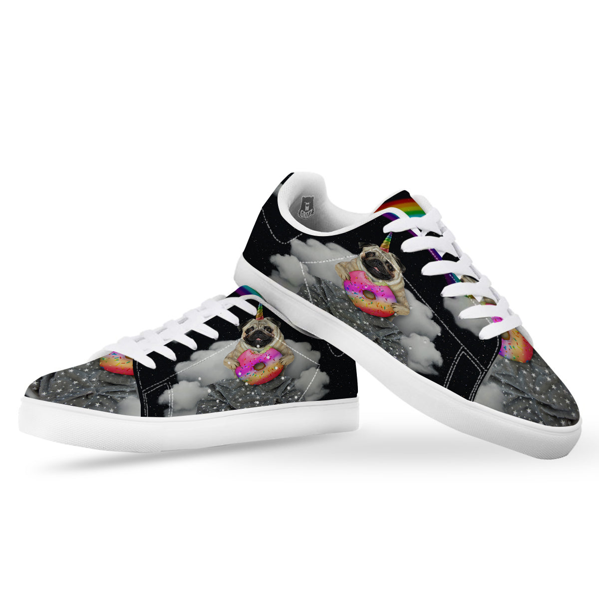 Cute Pug Unicorn Print White Low Top Sneakers-grizzshop