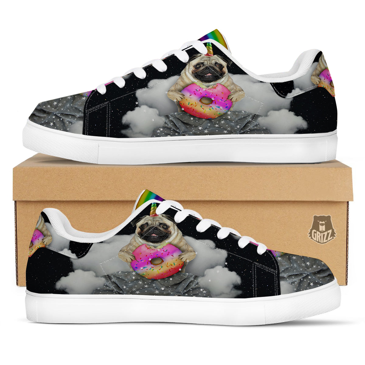 Cute Pug Unicorn Print White Low Top Sneakers-grizzshop