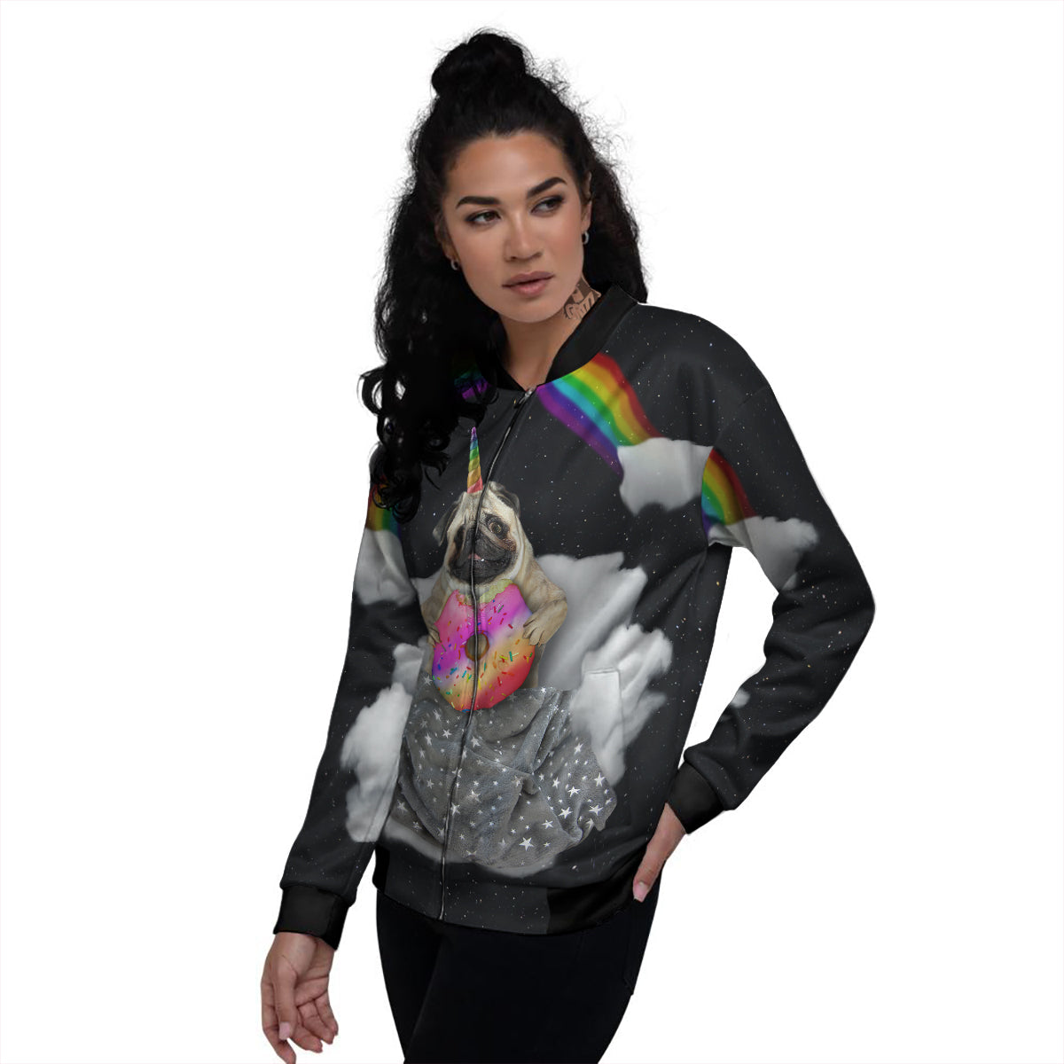 Cute Pug Unicorn Print Women's Bomber Jacket-grizzshop