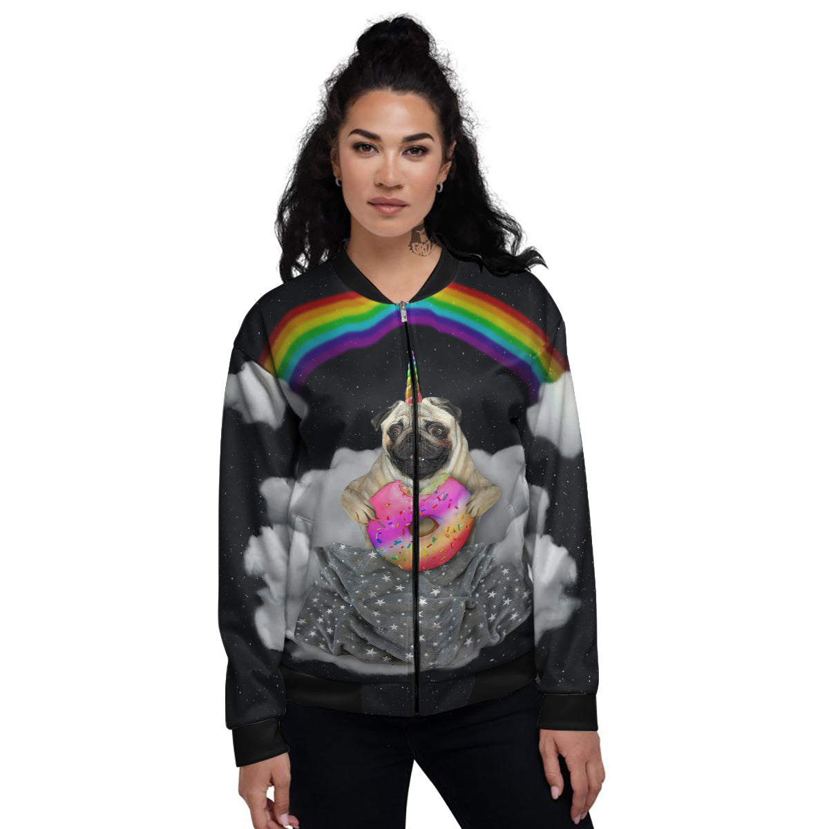 Cute Pug Unicorn Print Women's Bomber Jacket-grizzshop