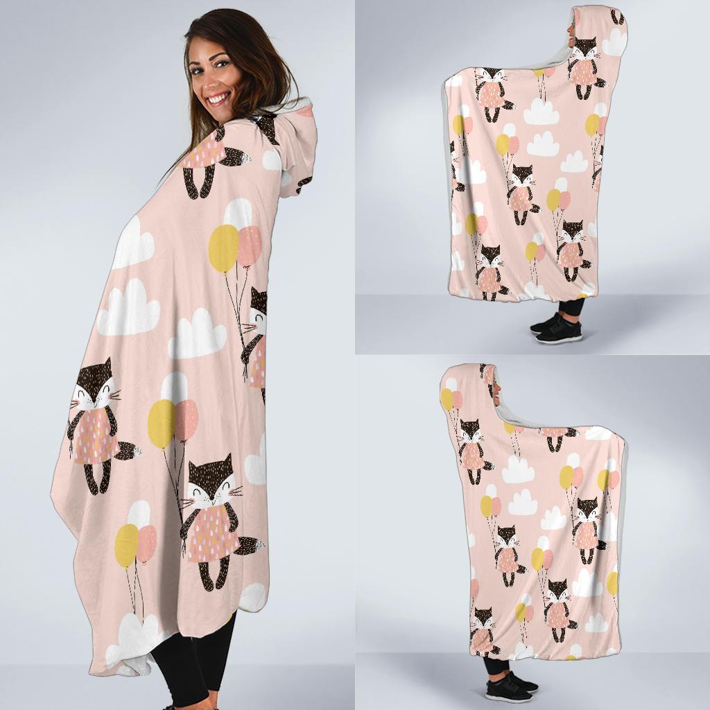 Cute Raccoon Hot Air Balloon Pattern Print Hooded Blanket-grizzshop