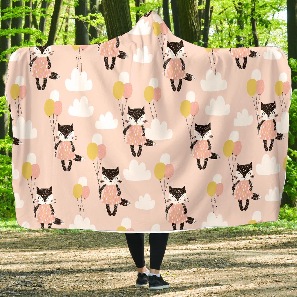 Cute Raccoon Hot Air Balloon Pattern Print Hooded Blanket-grizzshop
