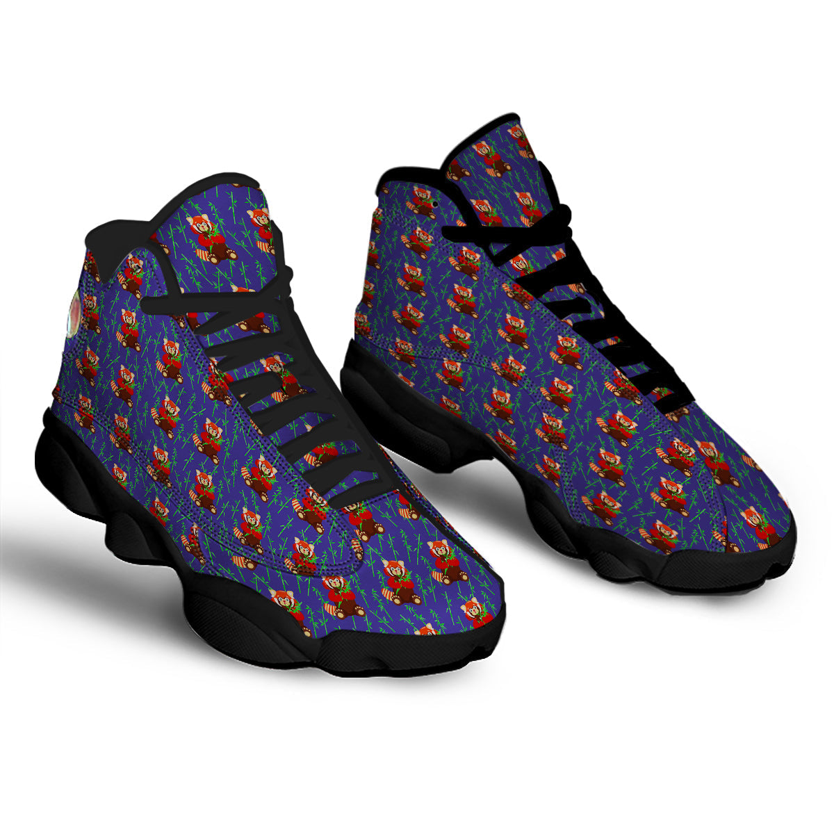 Cute Red Raccoon And Bamboo Print Pattern Black Basketball Shoes-grizzshop