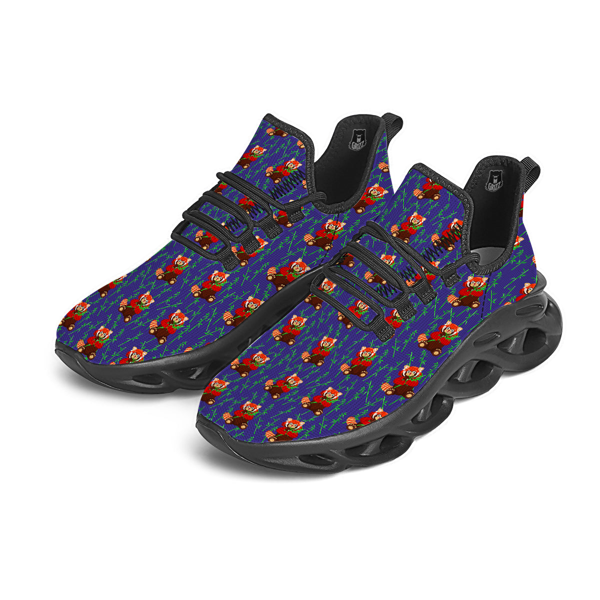 Cute Red Raccoon And Bamboo Print Pattern Black Running Shoes-grizzshop