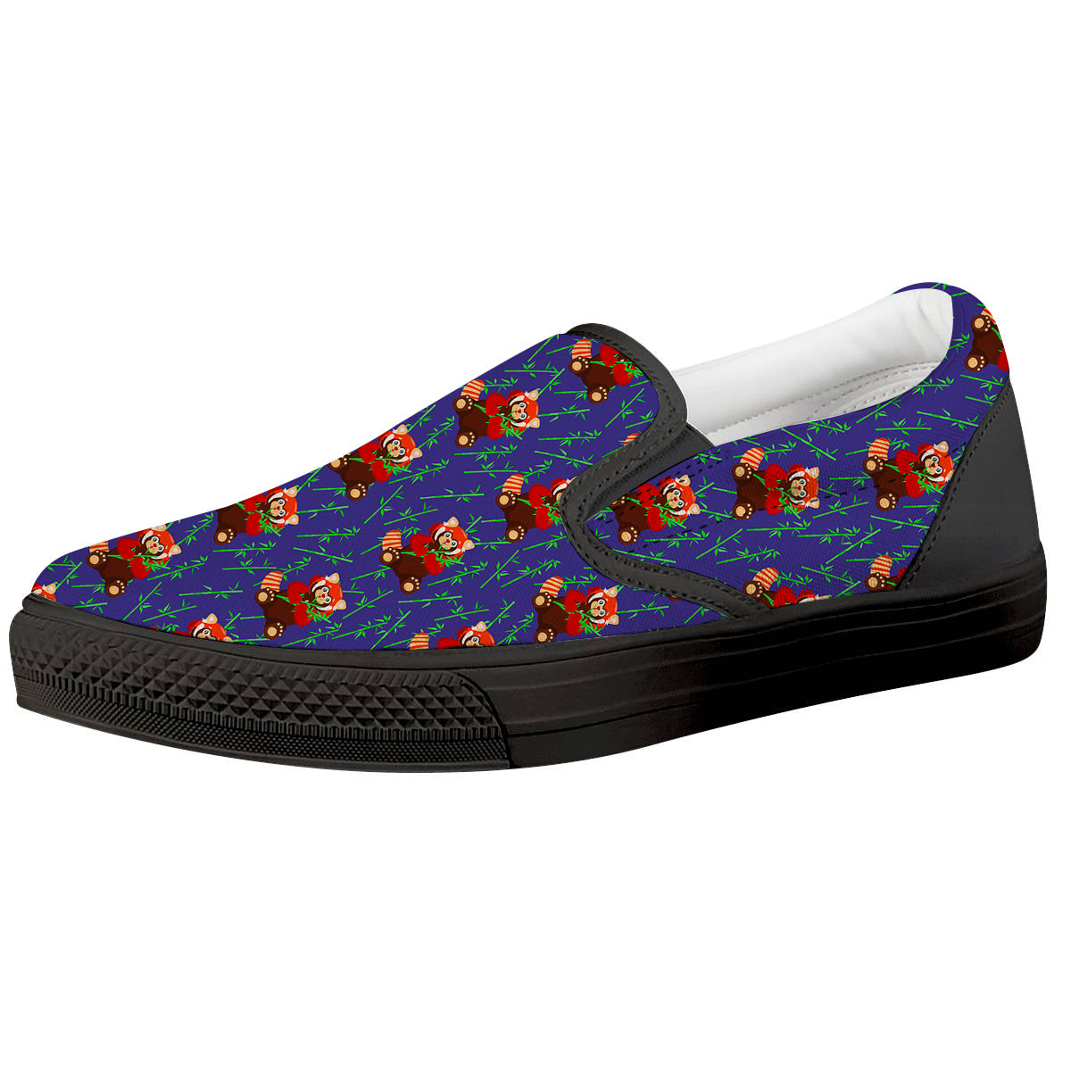 Cute Red Raccoon And Bamboo Print Pattern Black Slip On Shoes-grizzshop