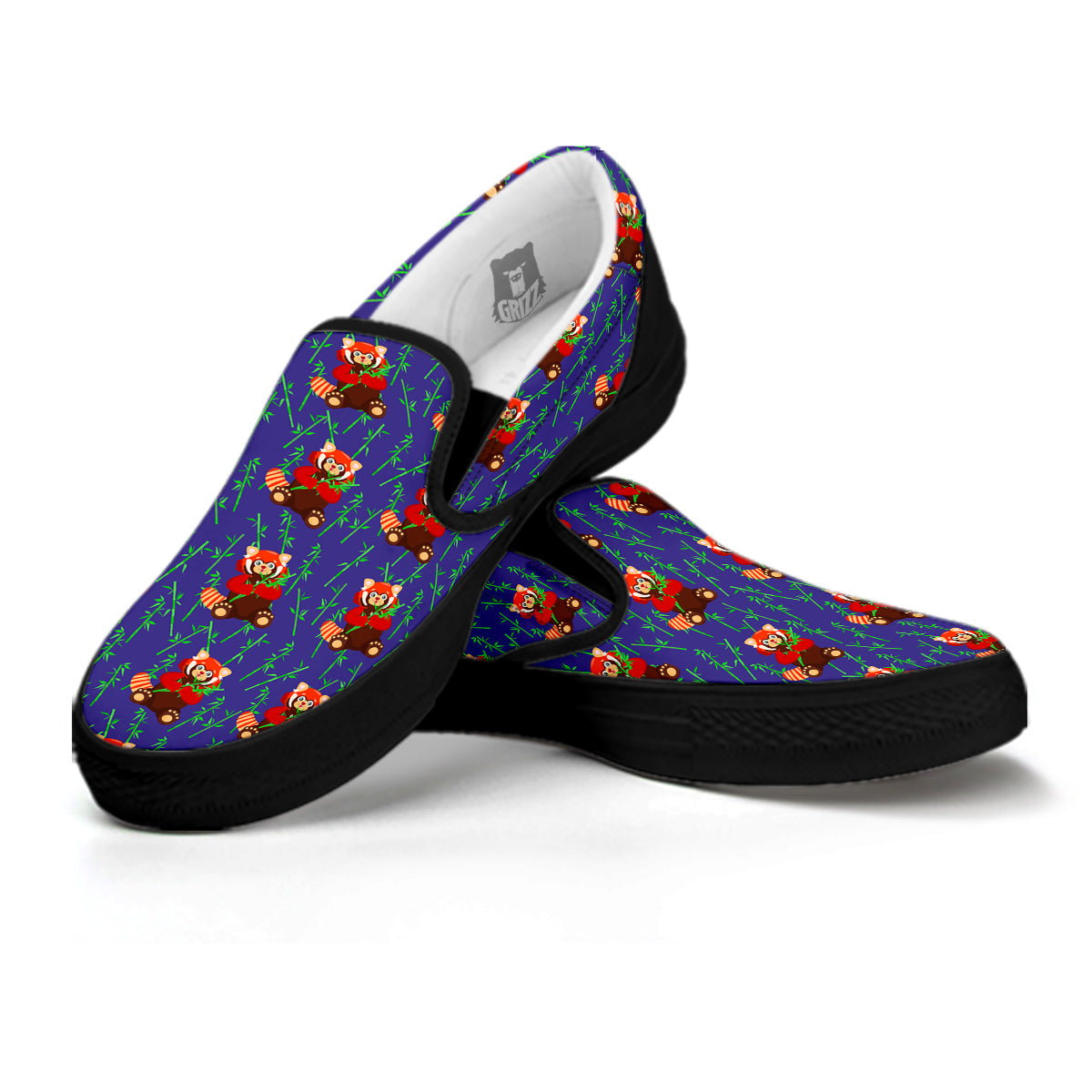 Cute Red Raccoon And Bamboo Print Pattern Black Slip On Shoes-grizzshop