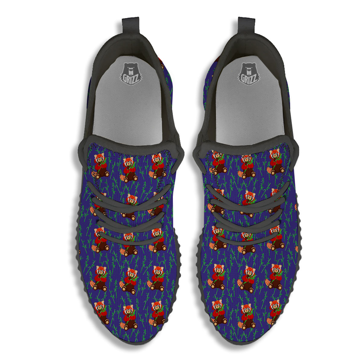 Cute Red Raccoon And Bamboo Print Pattern Black Walking Shoes-grizzshop