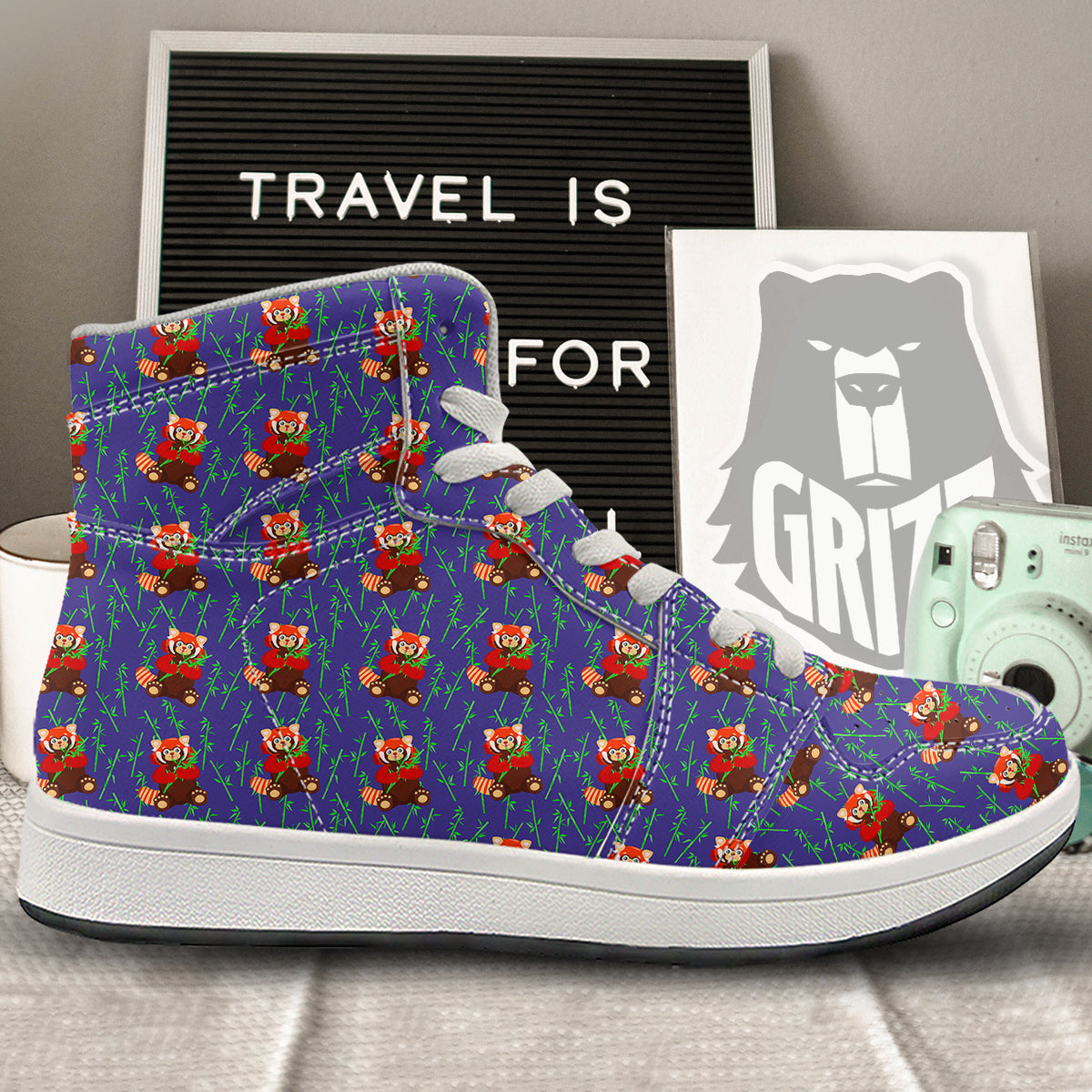 Cute Red Raccoon And Bamboo Print Pattern High Top Sneakers-grizzshop
