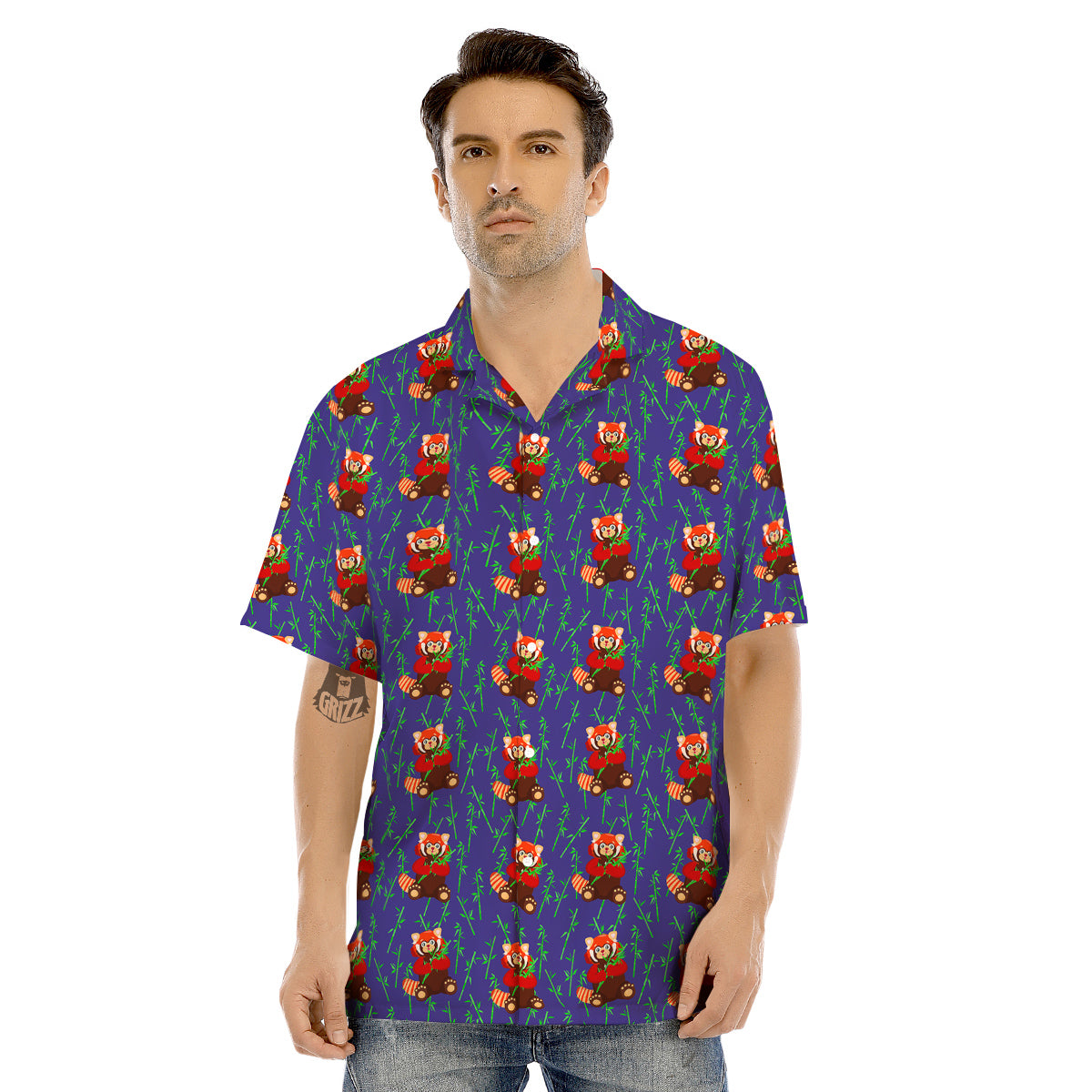 Cute Red Raccoon And Bamboo Print Pattern Men's Hawaiian Shirt-grizzshop