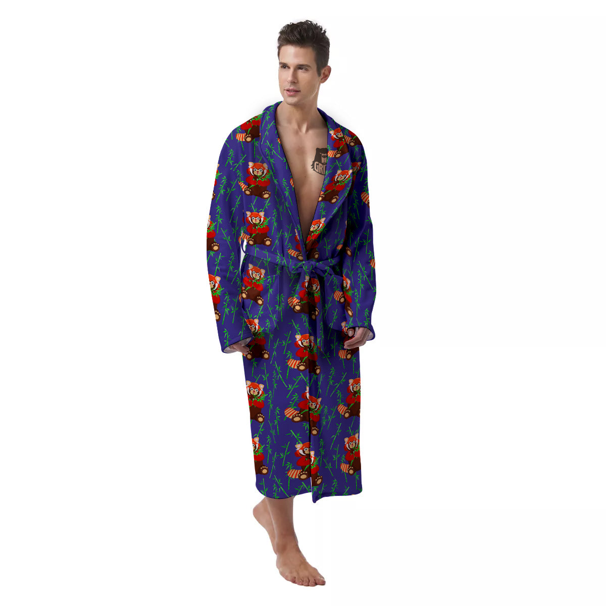 Cute Red Raccoon And Bamboo Print Pattern Men's Robe-grizzshop