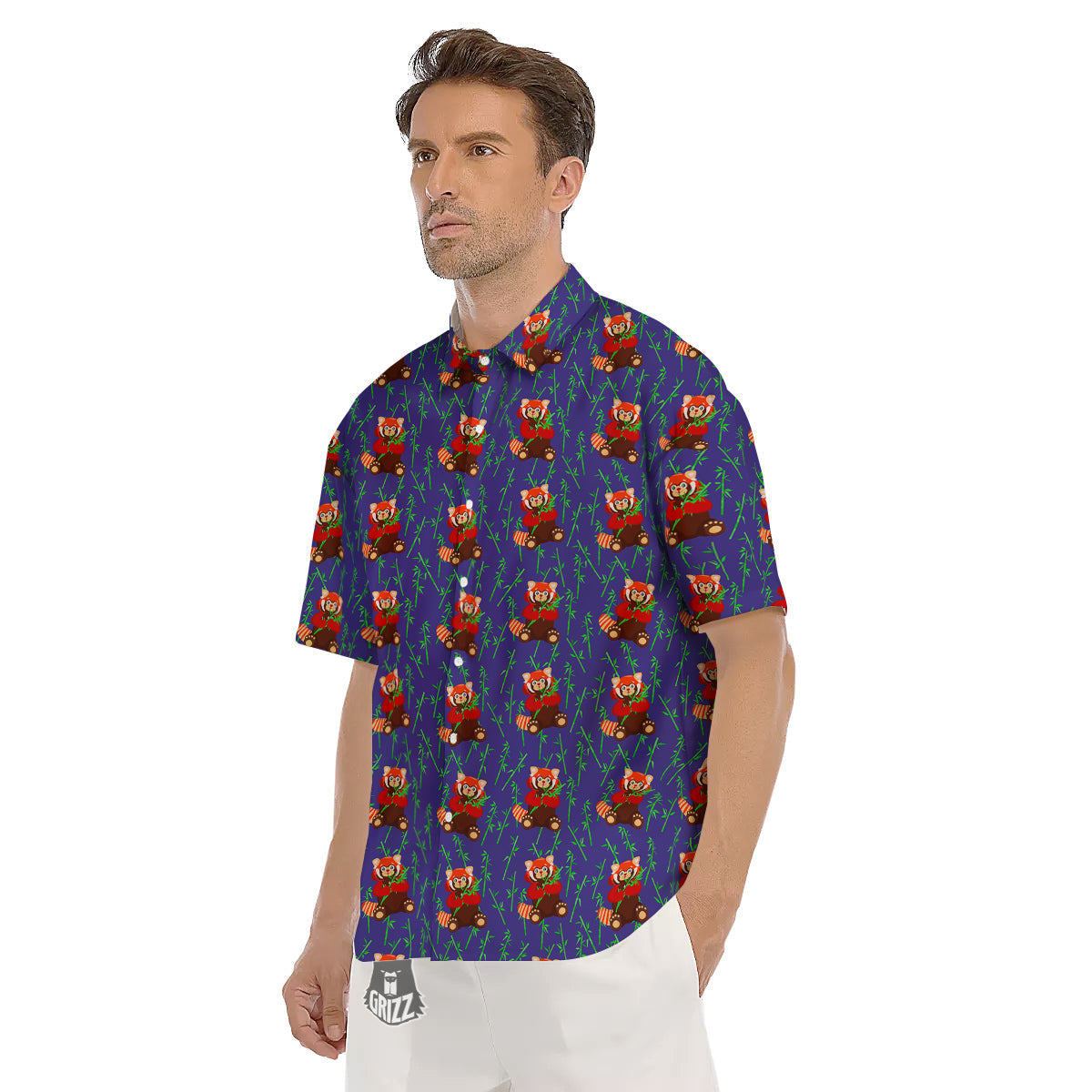 Cute Red Raccoon And Bamboo Print Pattern Men's Short Sleeve Shirts-grizzshop