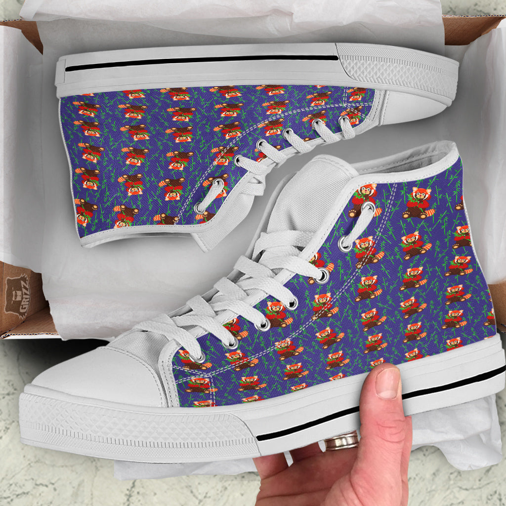 Cute Red Raccoon And Bamboo Print Pattern White High Top Shoes-grizzshop