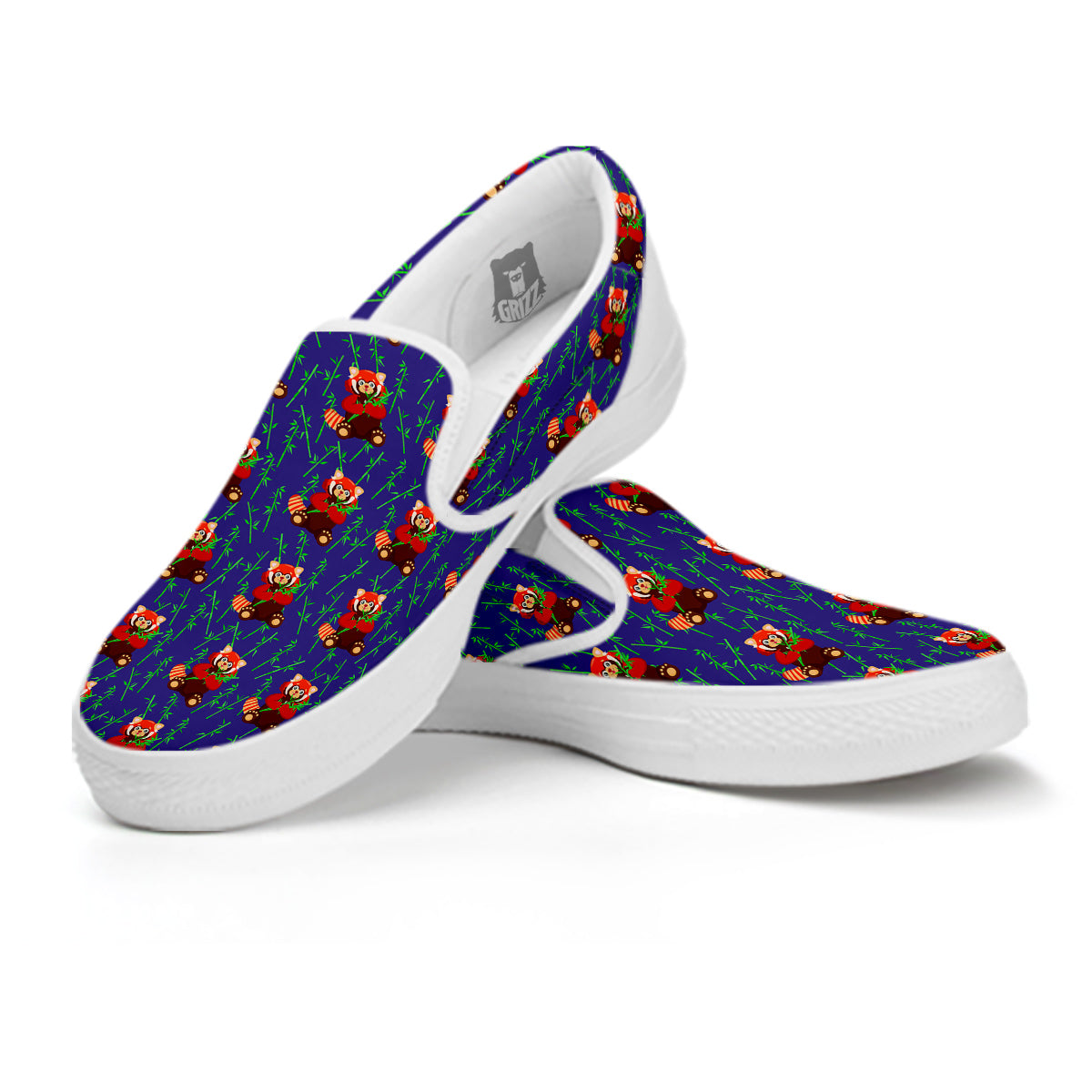 Cute Red Raccoon And Bamboo Print Pattern White Slip On Shoes-grizzshop