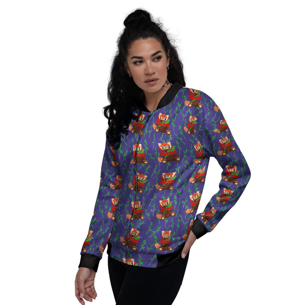 Cute Red Raccoon And Bamboo Print Pattern Women's Bomber Jacket-grizzshop