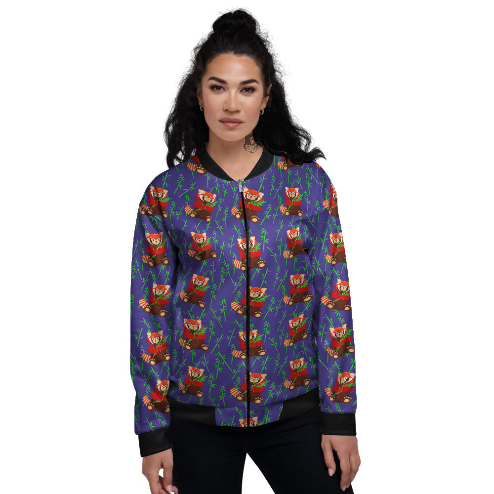 Cute Red Raccoon And Bamboo Print Pattern Women's Bomber Jacket-grizzshop