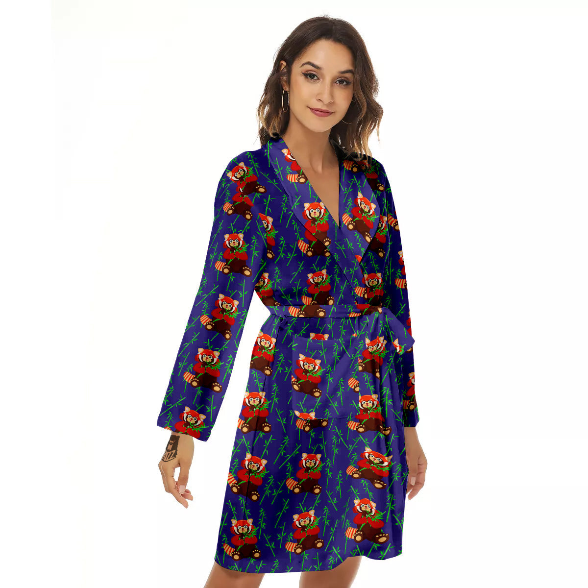 Cute Red Raccoon And Bamboo Print Pattern Women's Robe-grizzshop