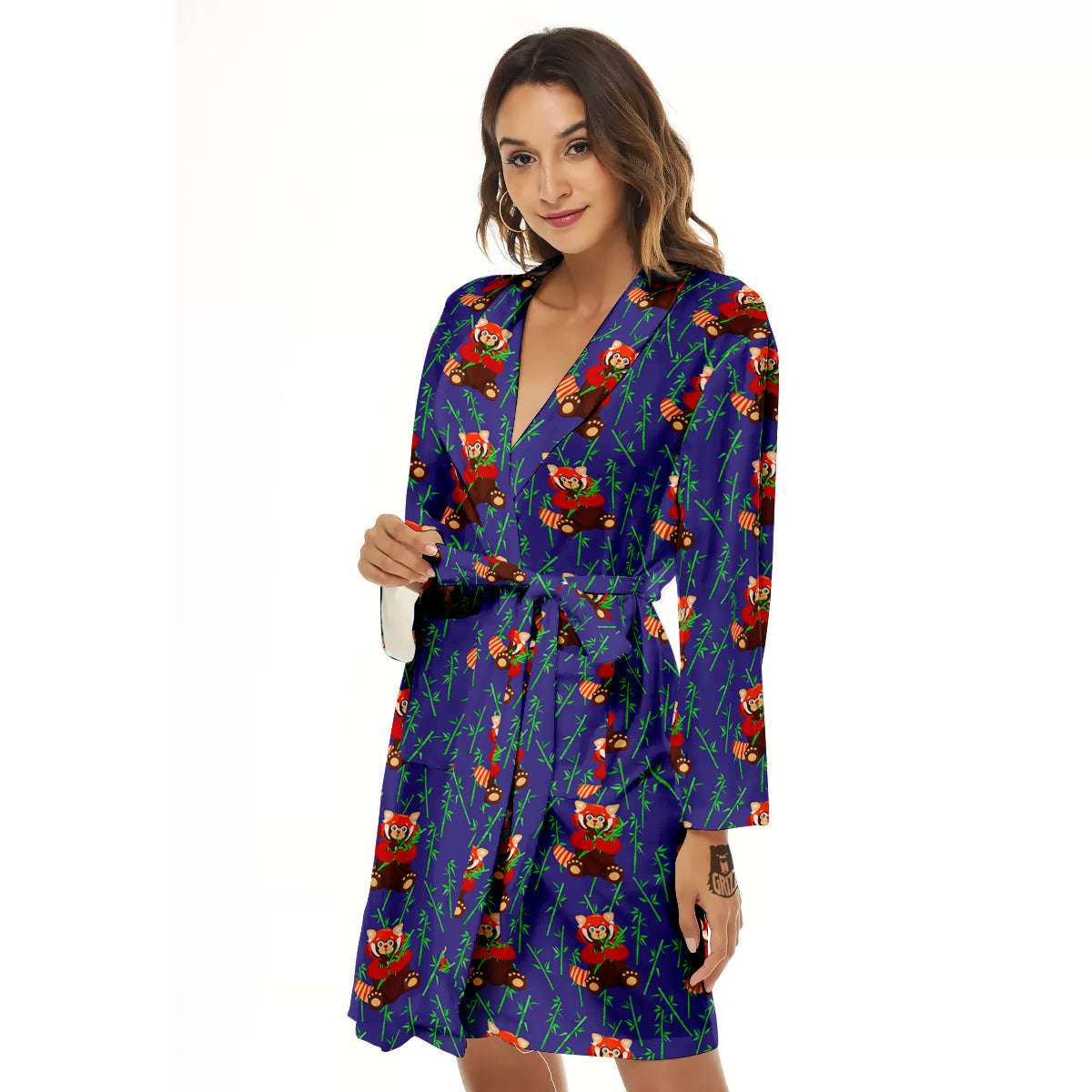 Cute Red Raccoon And Bamboo Print Pattern Women's Robe-grizzshop