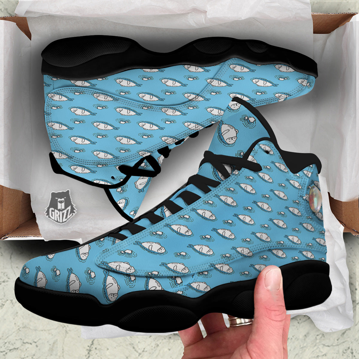Cute Seal Swim Print Pattern Black Basketball Shoes-grizzshop
