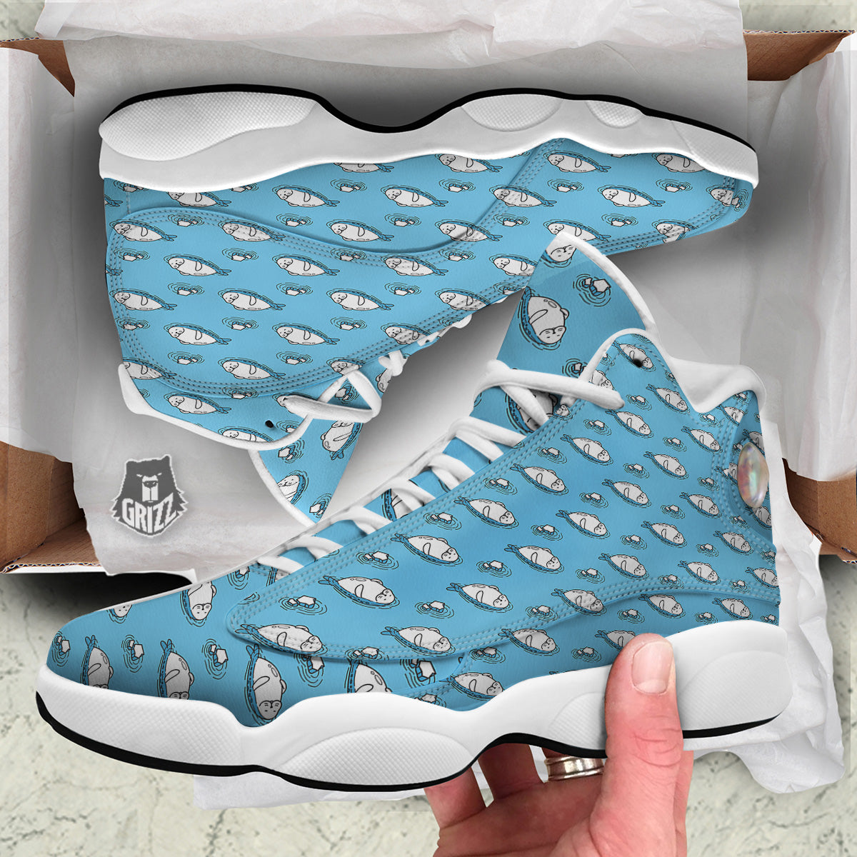 Cute Seal Swim Print Pattern White Basketball Shoes-grizzshop