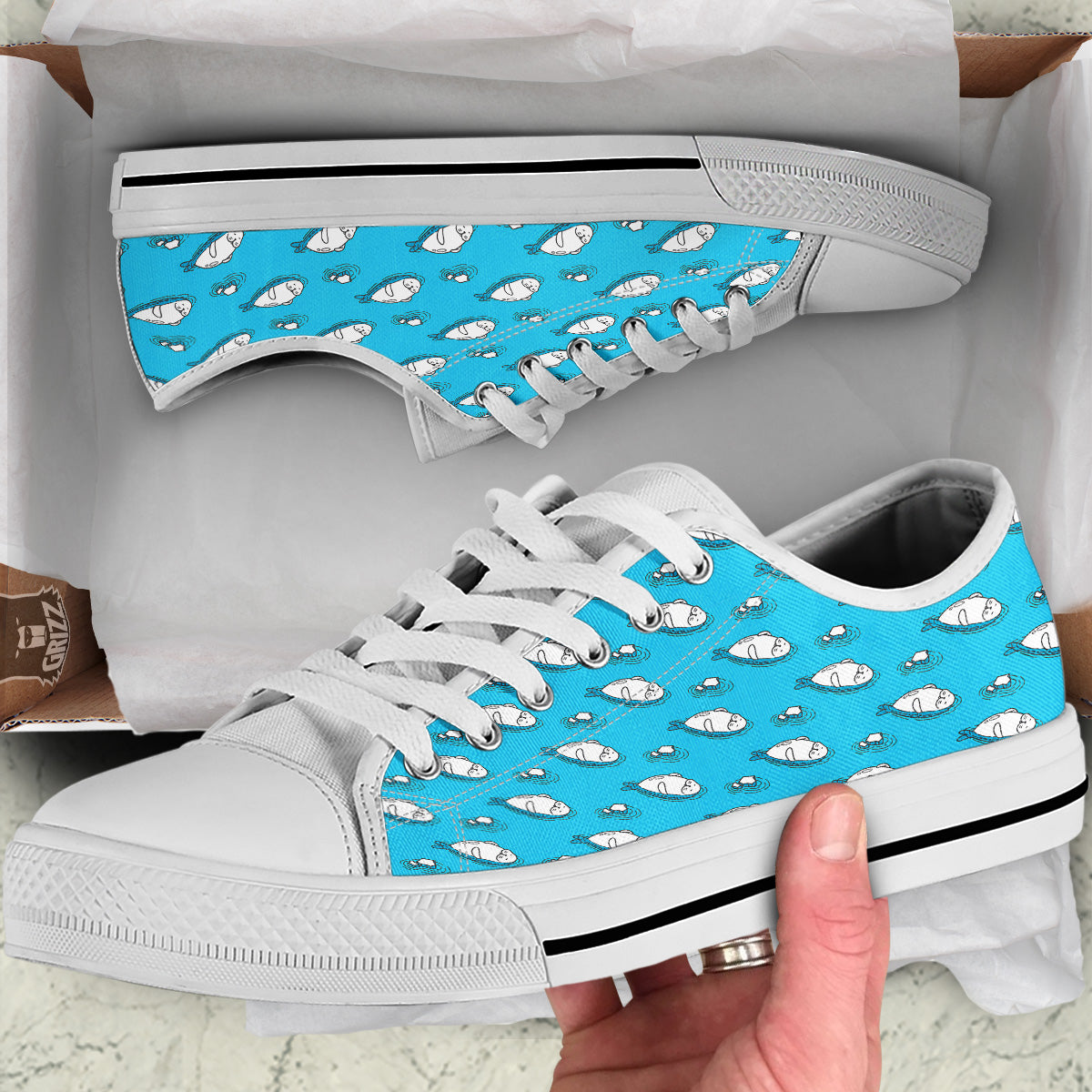 Cute Seal Swim Print Pattern White Low Top Shoes-grizzshop