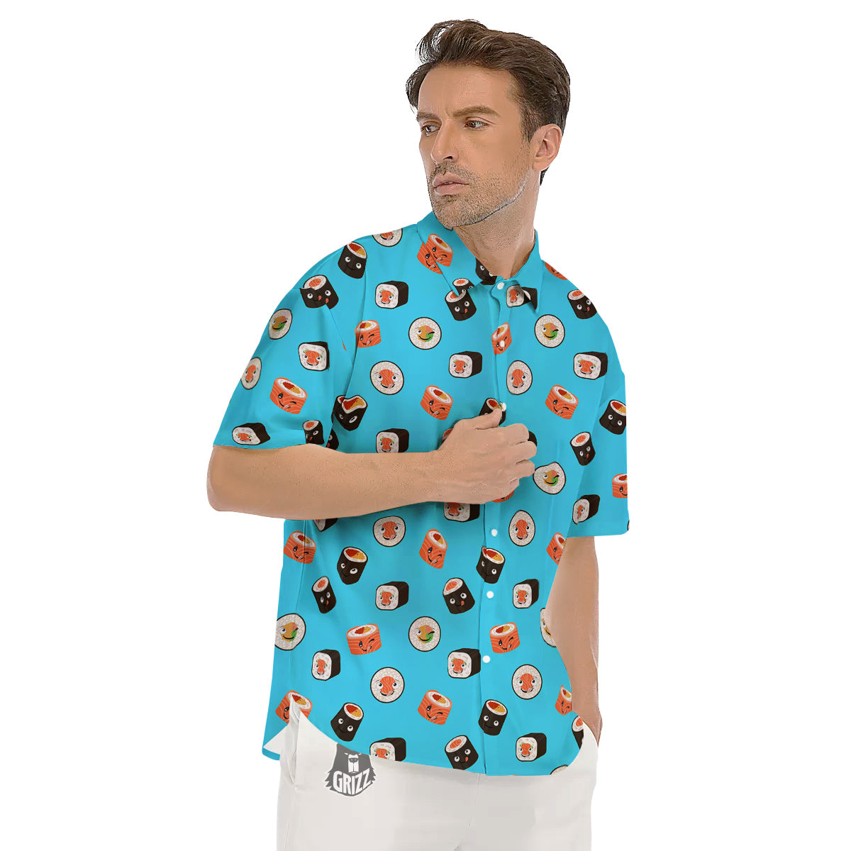 Cute Sushi Rolls Print Pattern Men's Short Sleeve Shirts-grizzshop