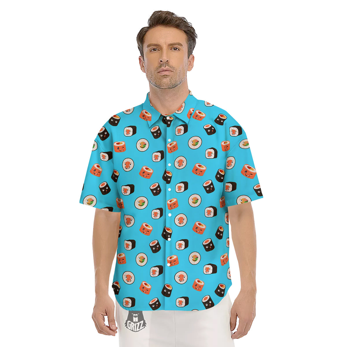 Cute Sushi Rolls Print Pattern Men's Short Sleeve Shirts-grizzshop