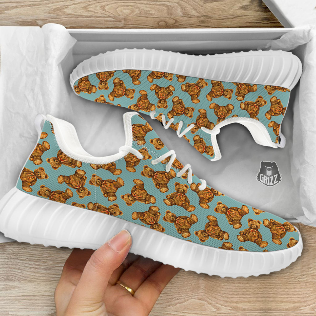 Cute Teddy Bear Print Pattern White Walking Shoes-grizzshop