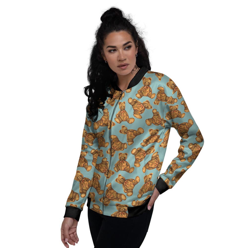 Cute Teddy Bear Print Pattern Women's Bomber Jacket-grizzshop