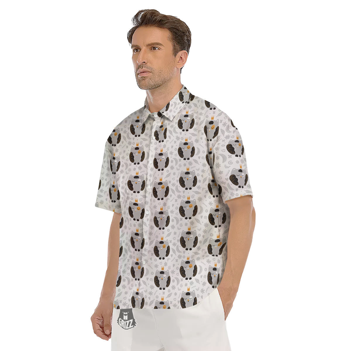 Cute White Grey Owl Print Pattern Men's Short Sleeve Shirts-grizzshop