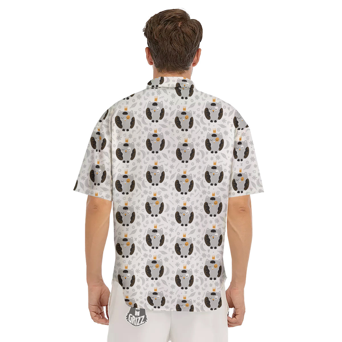 Cute White Grey Owl Print Pattern Men's Short Sleeve Shirts-grizzshop