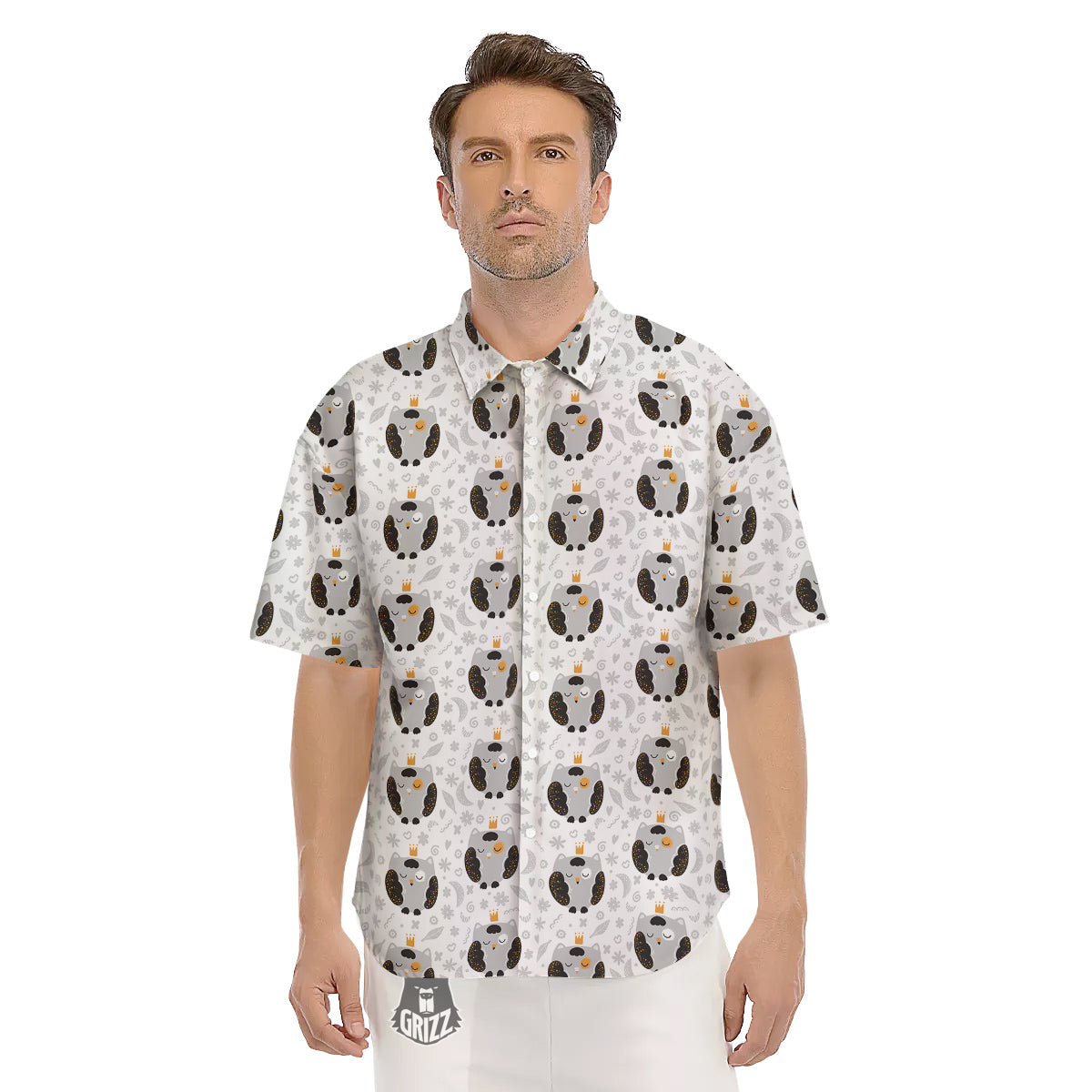 Cute White Grey Owl Print Pattern Men's Short Sleeve Shirts-grizzshop