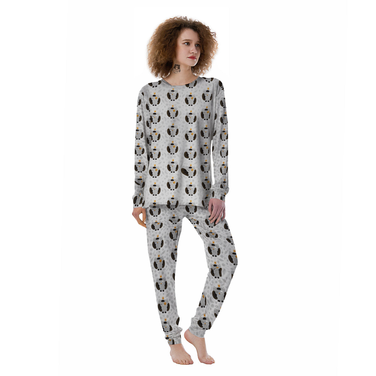 Cute White Grey Owl Print Pattern Women's Pajamas-grizzshop