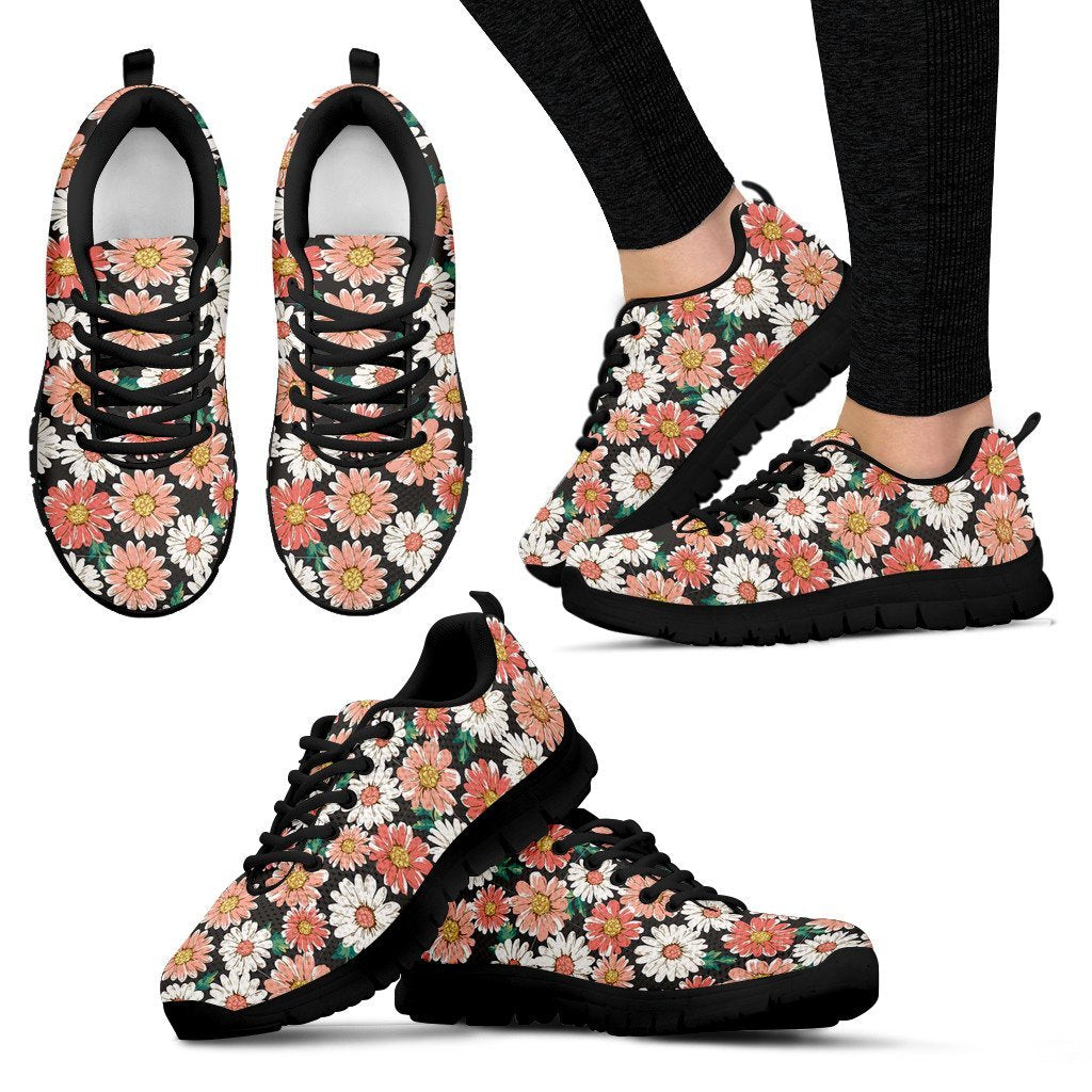 Cute White Pink Daisy Pattern Print Black Sneaker Shoes For Men Women-grizzshop