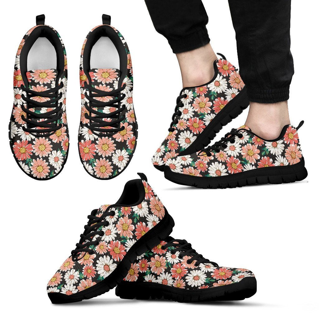 Cute White Pink Daisy Pattern Print Black Sneaker Shoes For Men Women-grizzshop