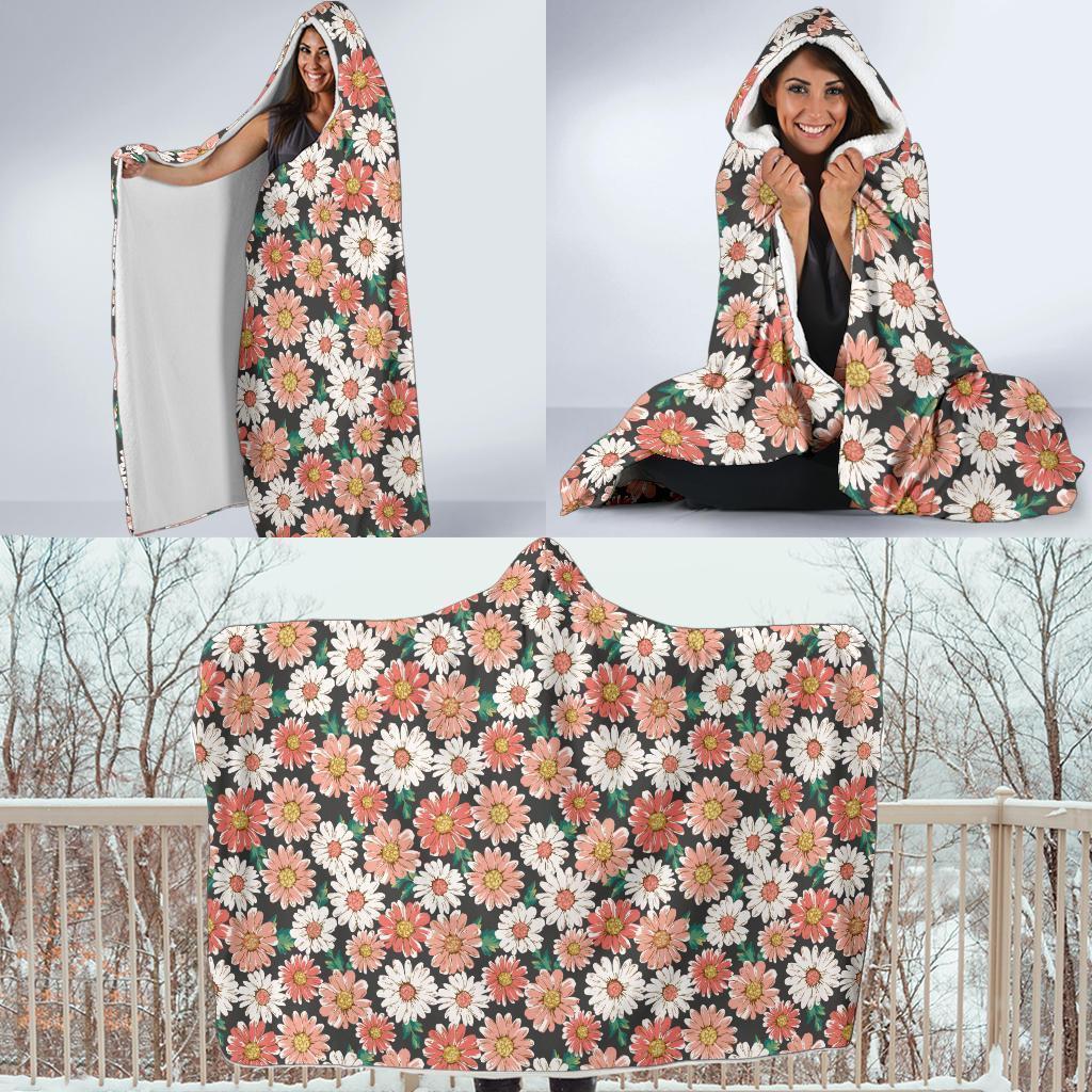 Cute White Pink Daisy Pattern Print Hooded Blanket-grizzshop