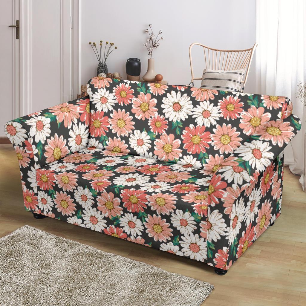 Cute White Pink Daisy Pattern Print Loveseat Cover-grizzshop