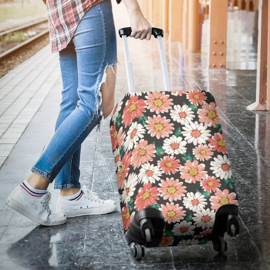 Cute White Pink Daisy Pattern Print Luggage Cover Protector-grizzshop