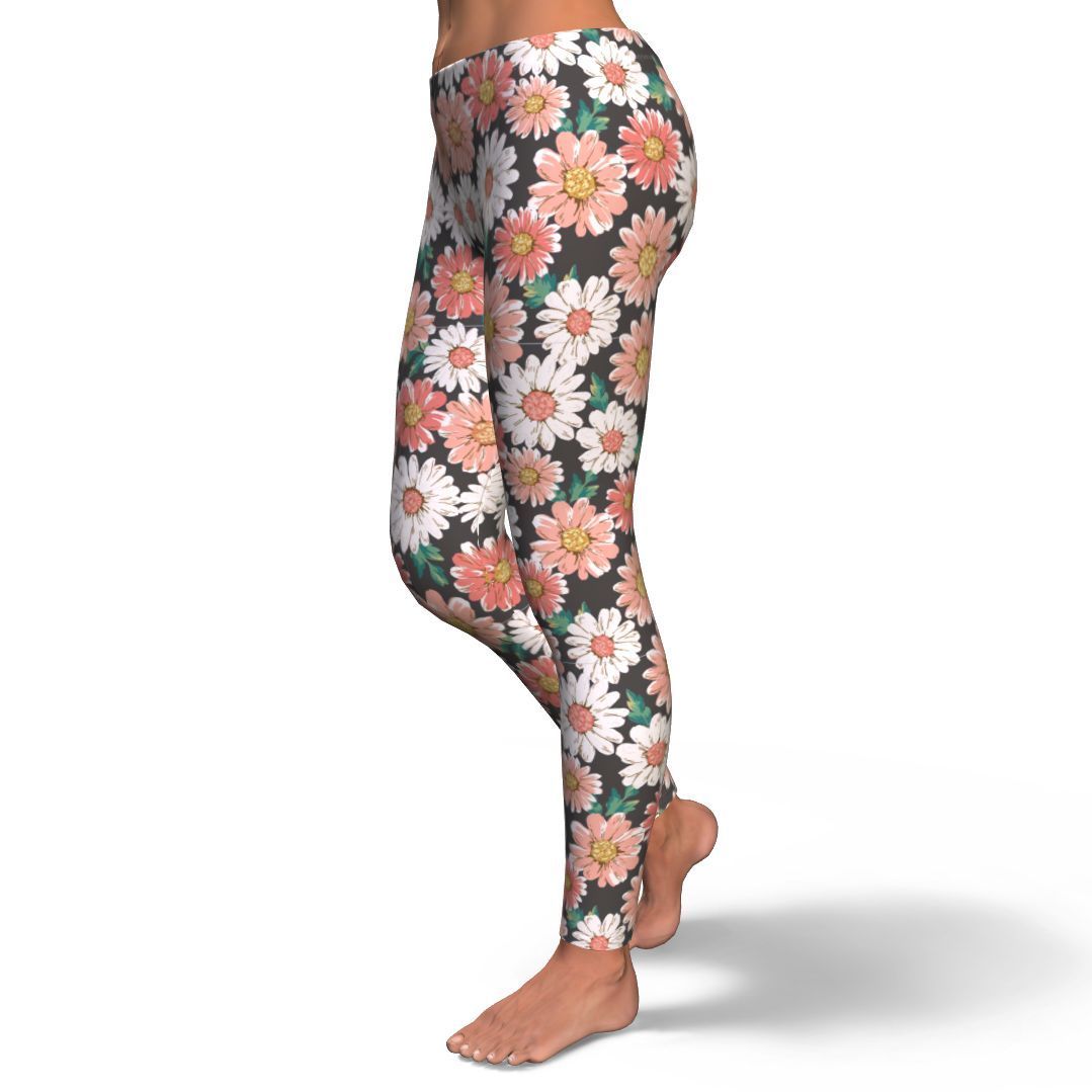 Cute White Pink Daisy Pattern Print Pattern Women Leggings-grizzshop