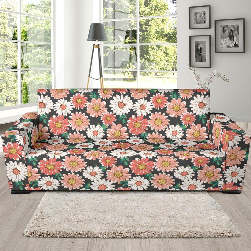 Cute White Pink Daisy Pattern Print Sofa Covers-grizzshop