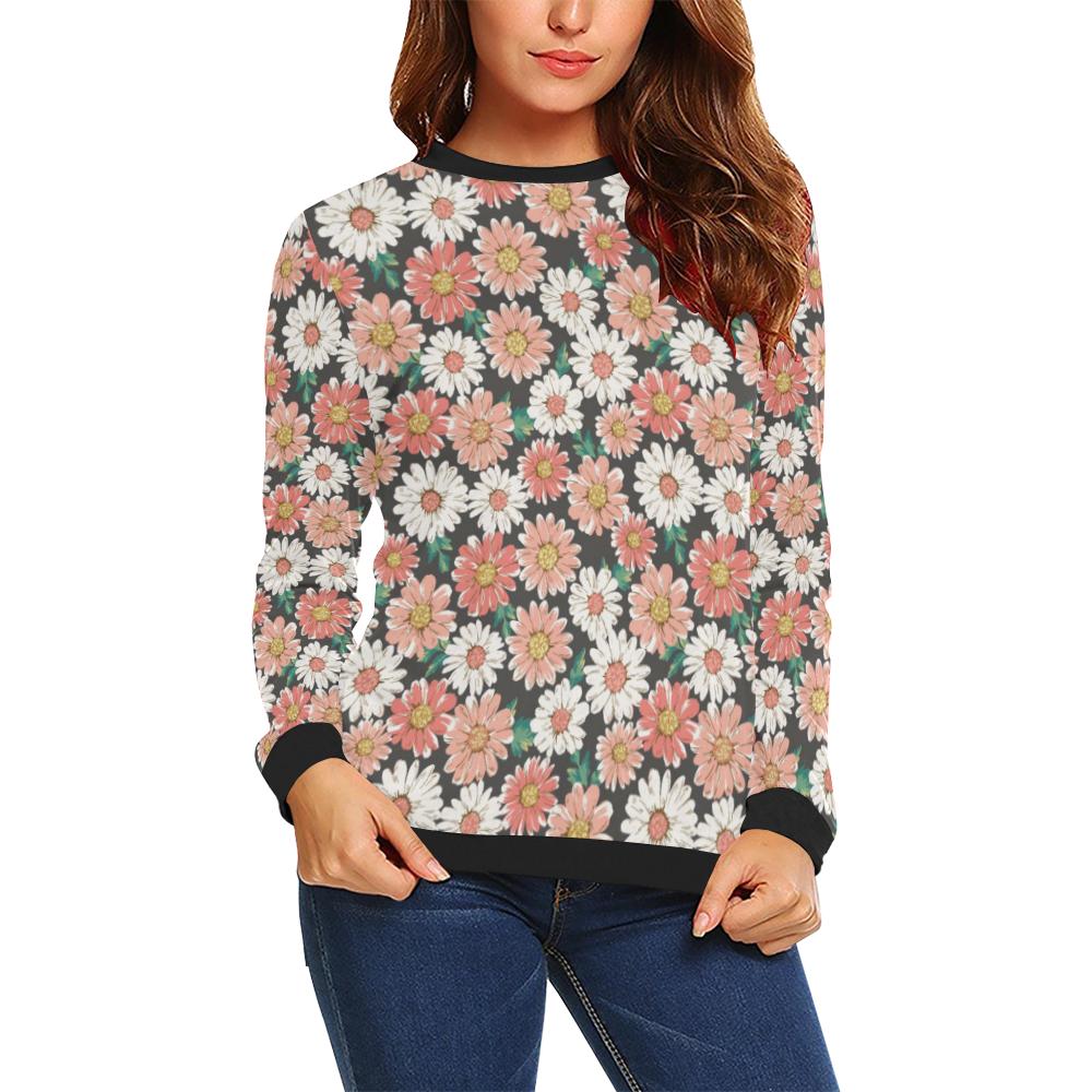 Cute White Pink Daisy Pattern Print Women Crewneck Sweatshirt-grizzshop