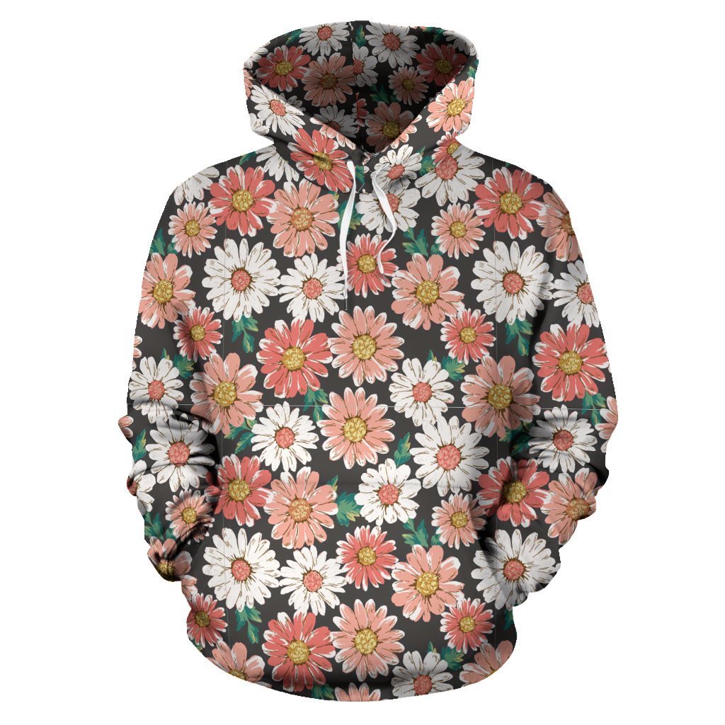 Cute White Pink Daisy Pattern Print Women Men Pullover Hoodie-grizzshop