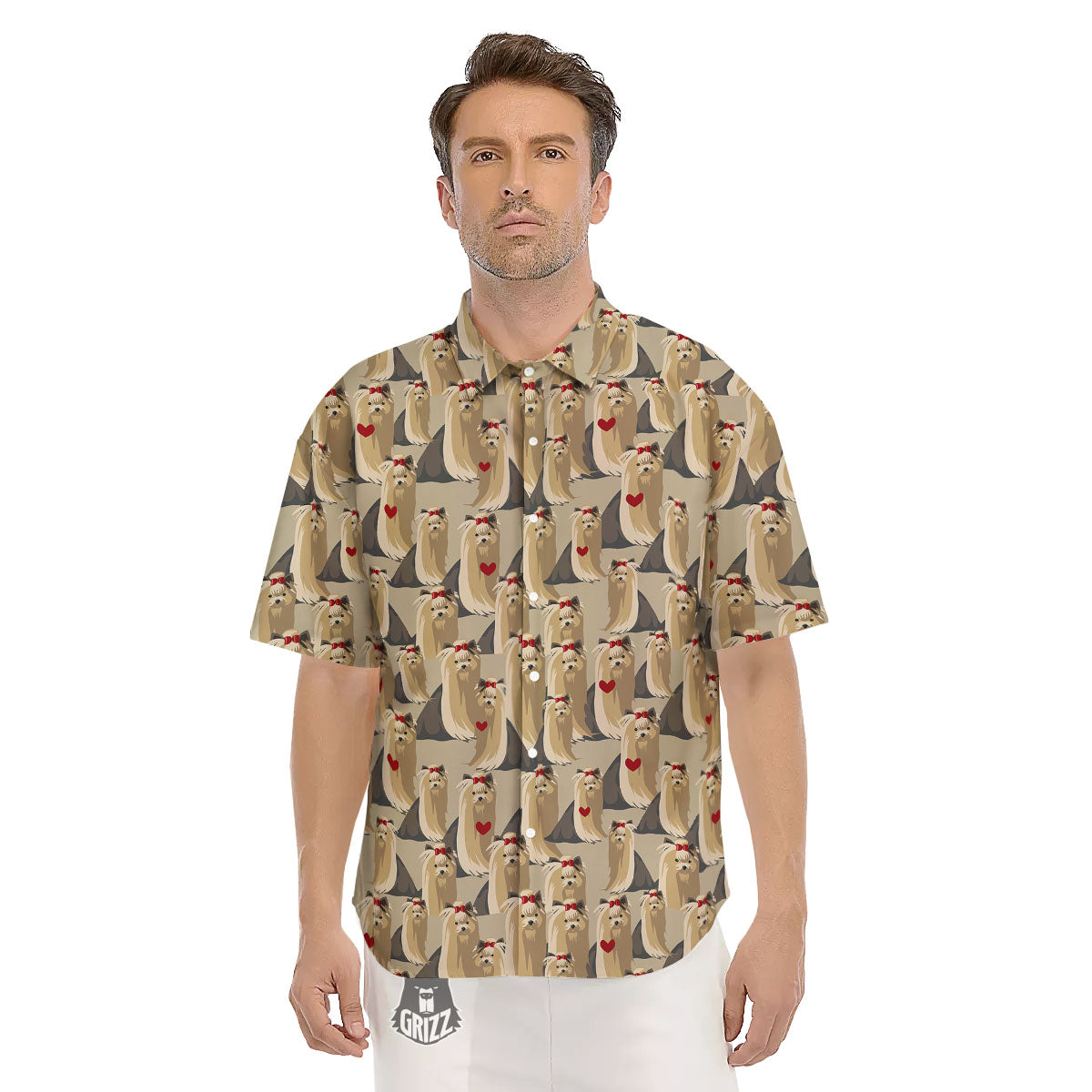 Cute Yorkshire Terrier Print Pattern Men's Short Sleeve Shirts-grizzshop