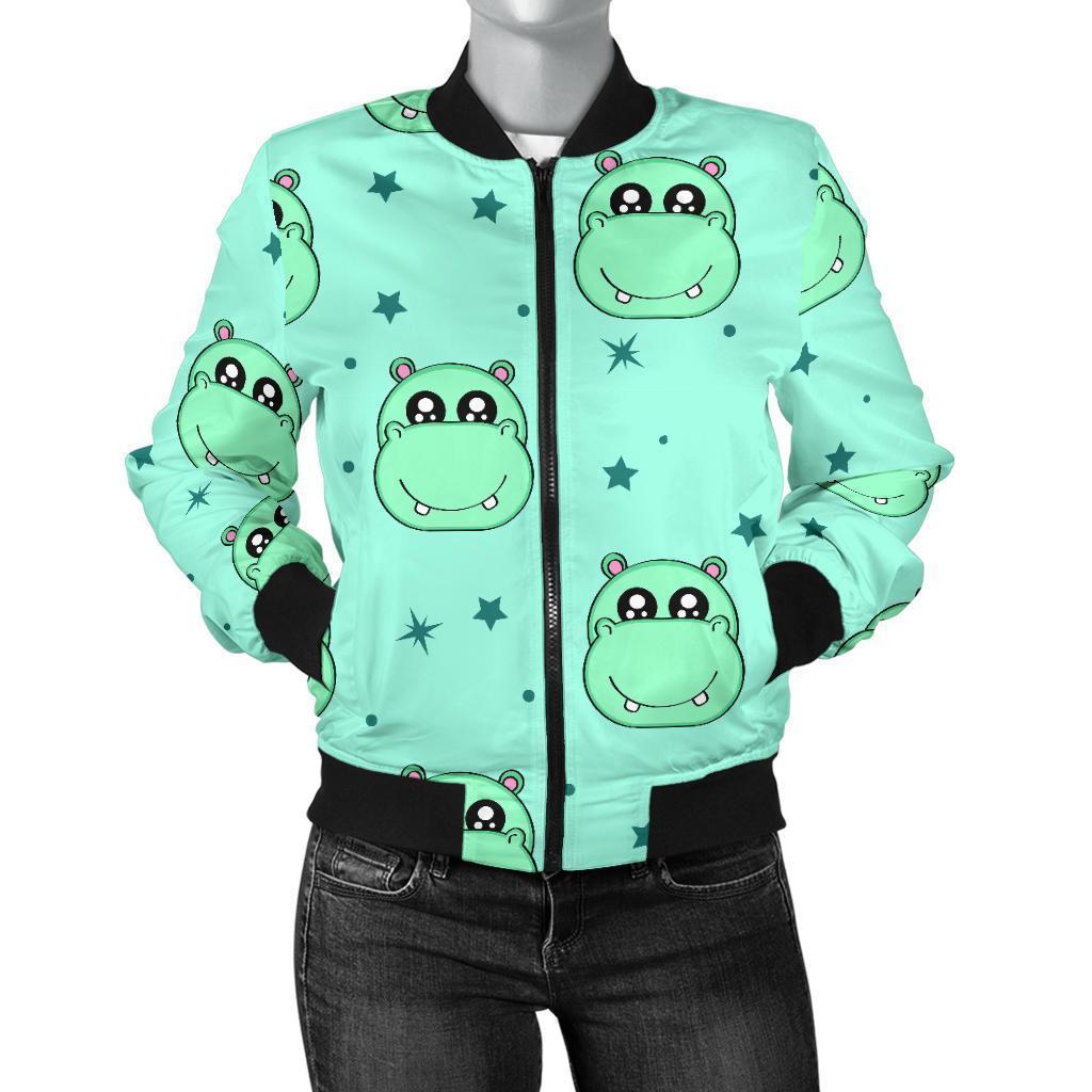 Cute Hippo Pattern Print Women Casual Bomber Jacket-grizzshop