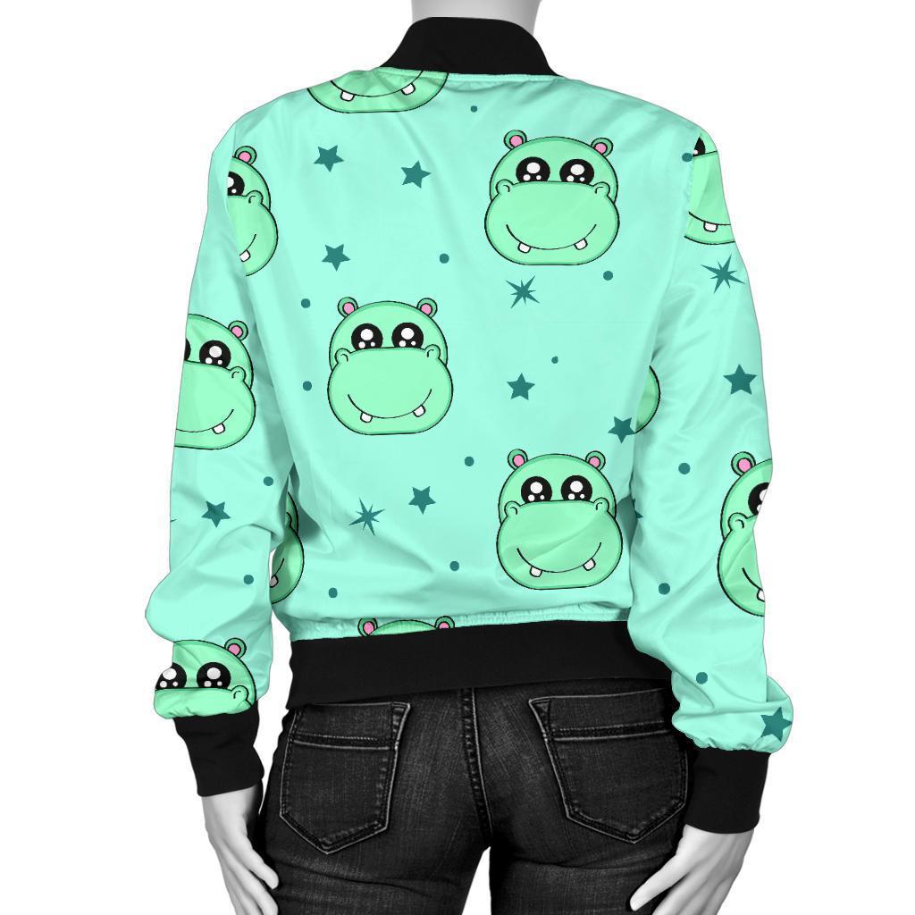Cute Hippo Pattern Print Women Casual Bomber Jacket-grizzshop
